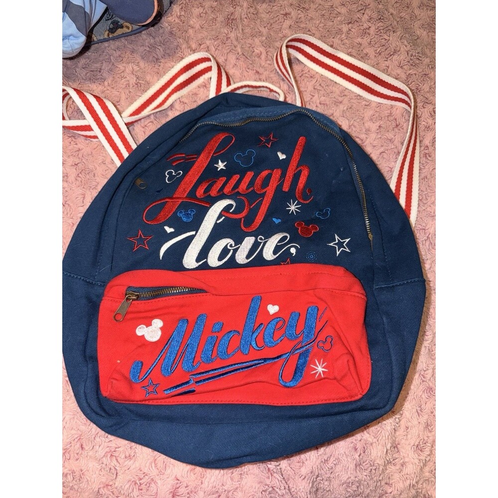 DISNEY Parks Backpack Authentic Laugh Love Mickey Americana Cotton Backpack